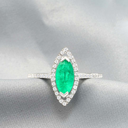 18K White Gold Emerald Marquis Ring with Diamonds