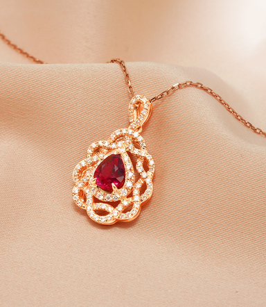 18K Rose Gold Teardrop Ruby & Diamond Necklace