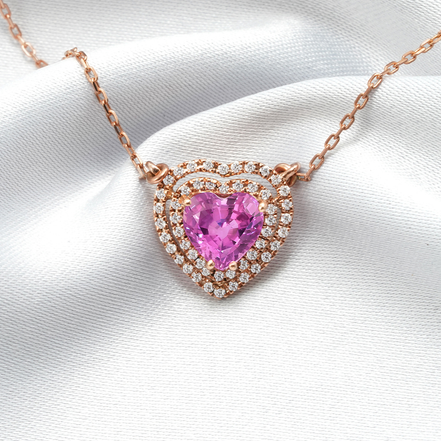 Heart-Shaped Pink Sapphire & Diamond Pendant – 18K Rose Gold