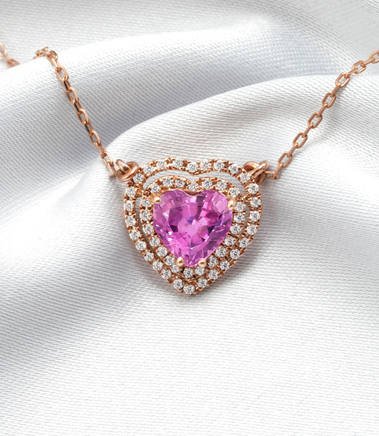 Heart-Shaped Pink Sapphire & Diamond Pendant – 18K Rose Gold