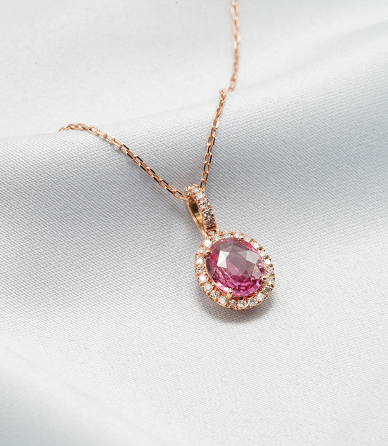 Exquisite Padparadscha Sapphire &amp; Diamond Pendant – 18K Rose Gold