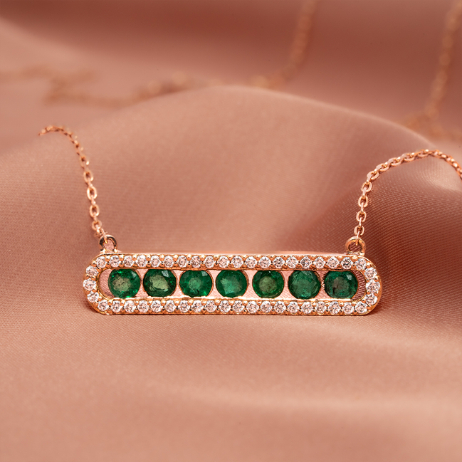 Emerald &amp; Diamond Bar Necklace – 18K Rose Gold