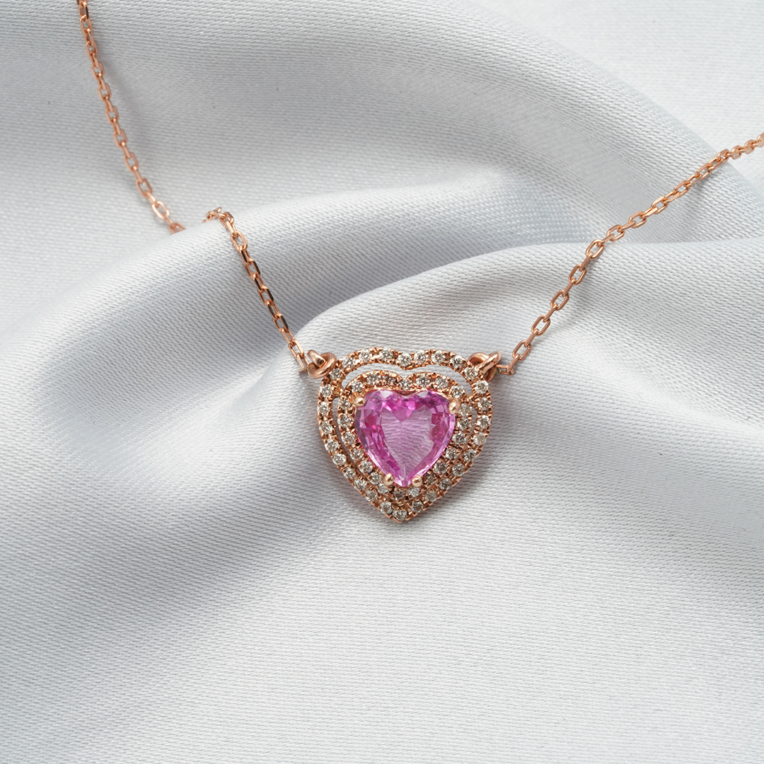 Heart-Shaped Pink Sapphire & Diamond Pendant – 18K Rose Gold