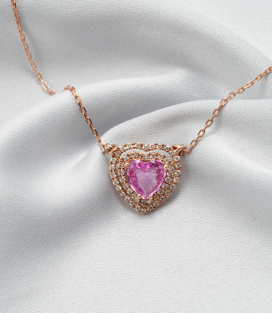 Heart-Shaped Pink Sapphire & Diamond Pendant – 18K Rose Gold