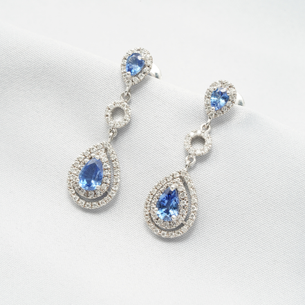 18K White Gold Double Teardrop Blue Sapphire & Diamond Halo Earrings