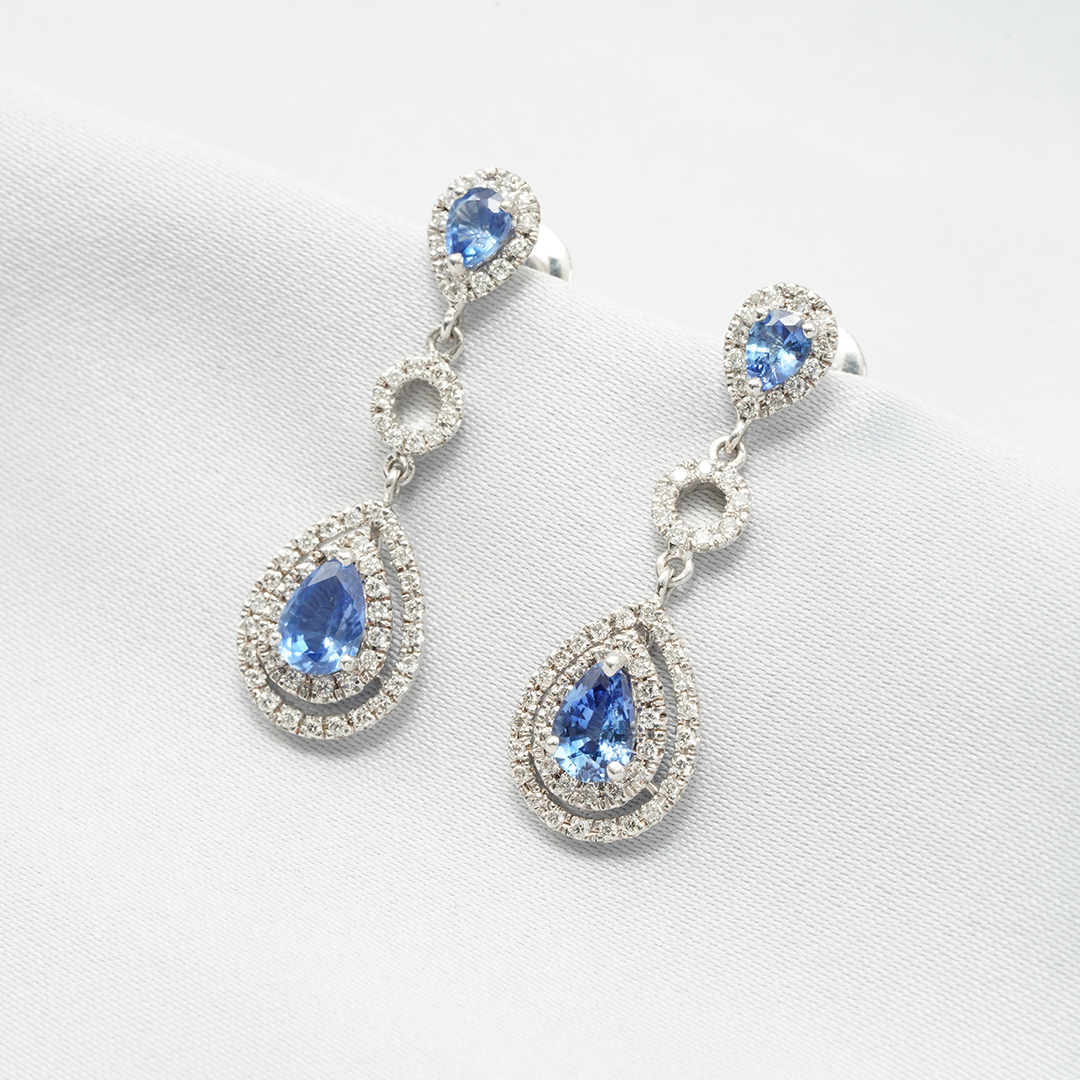 18K White Gold Double Teardrop Blue Sapphire & Diamond Halo Earrings