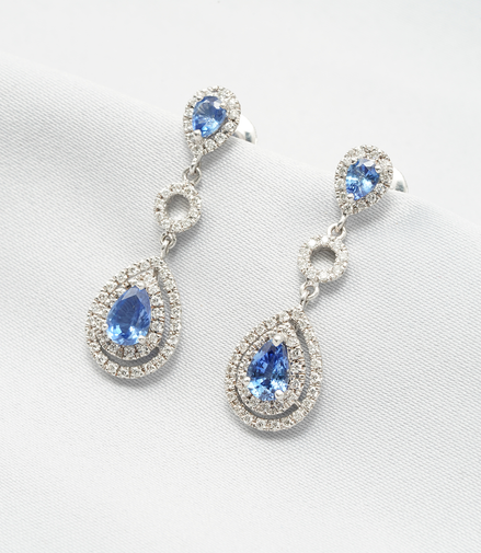 18K White Gold Double Teardrop Blue Sapphire & Diamond Halo Earrings