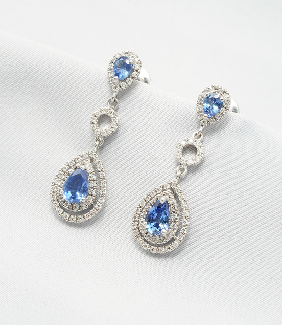 18K White Gold Double Teardrop Blue Sapphire & Diamond Halo Earrings