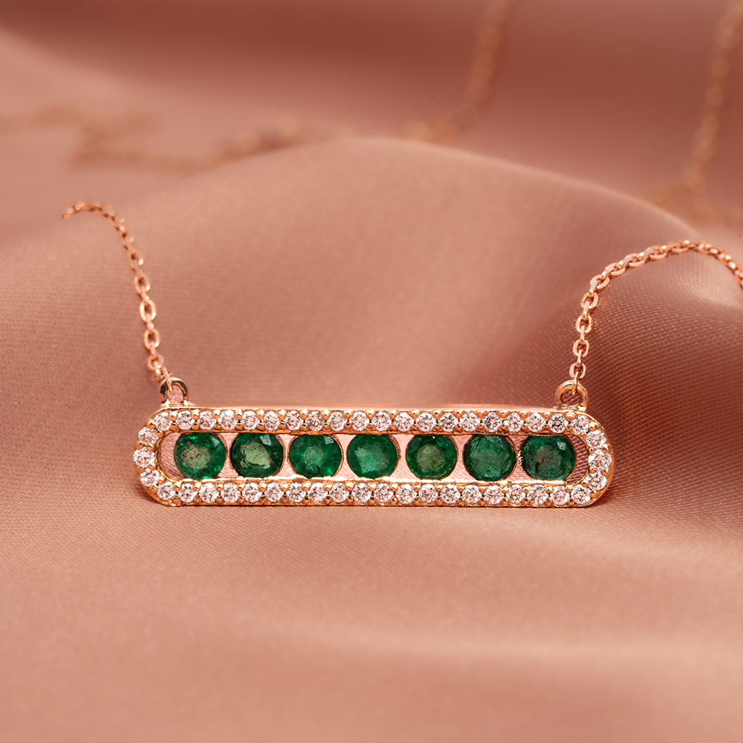 Emerald & Diamond Bar Necklace – 18K Rose Gold