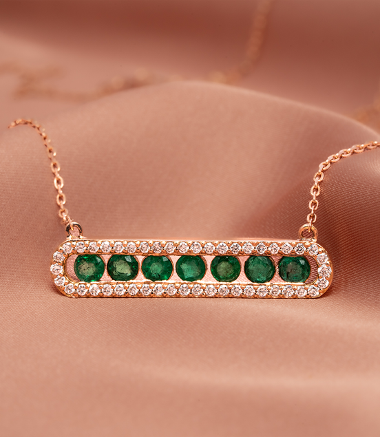 Emerald &amp; Diamond Bar Necklace – 18K Rose Gold