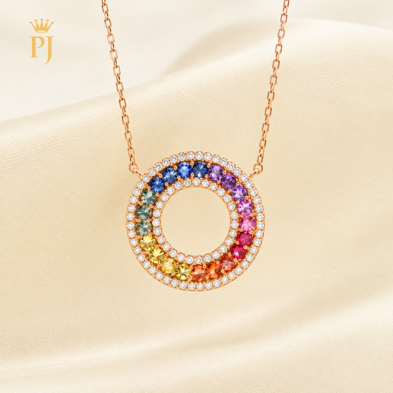 18K Rose Gold Natural Diamond & Rainbow Sapphire Necklace
