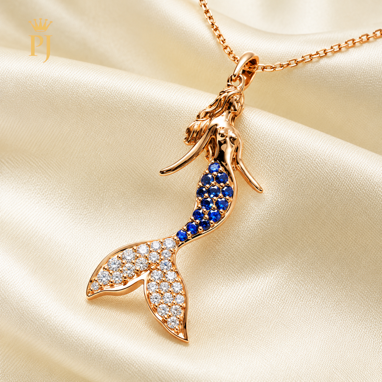 18K Rose Gold Natural Diamond & Blue Sapphire Mermaid Necklace