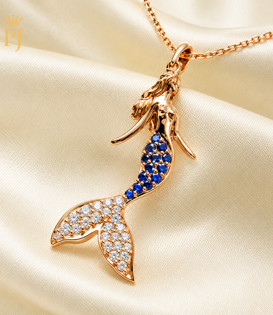 18K Rose Gold Natural Diamond & Blue Sapphire Mermaid Necklace