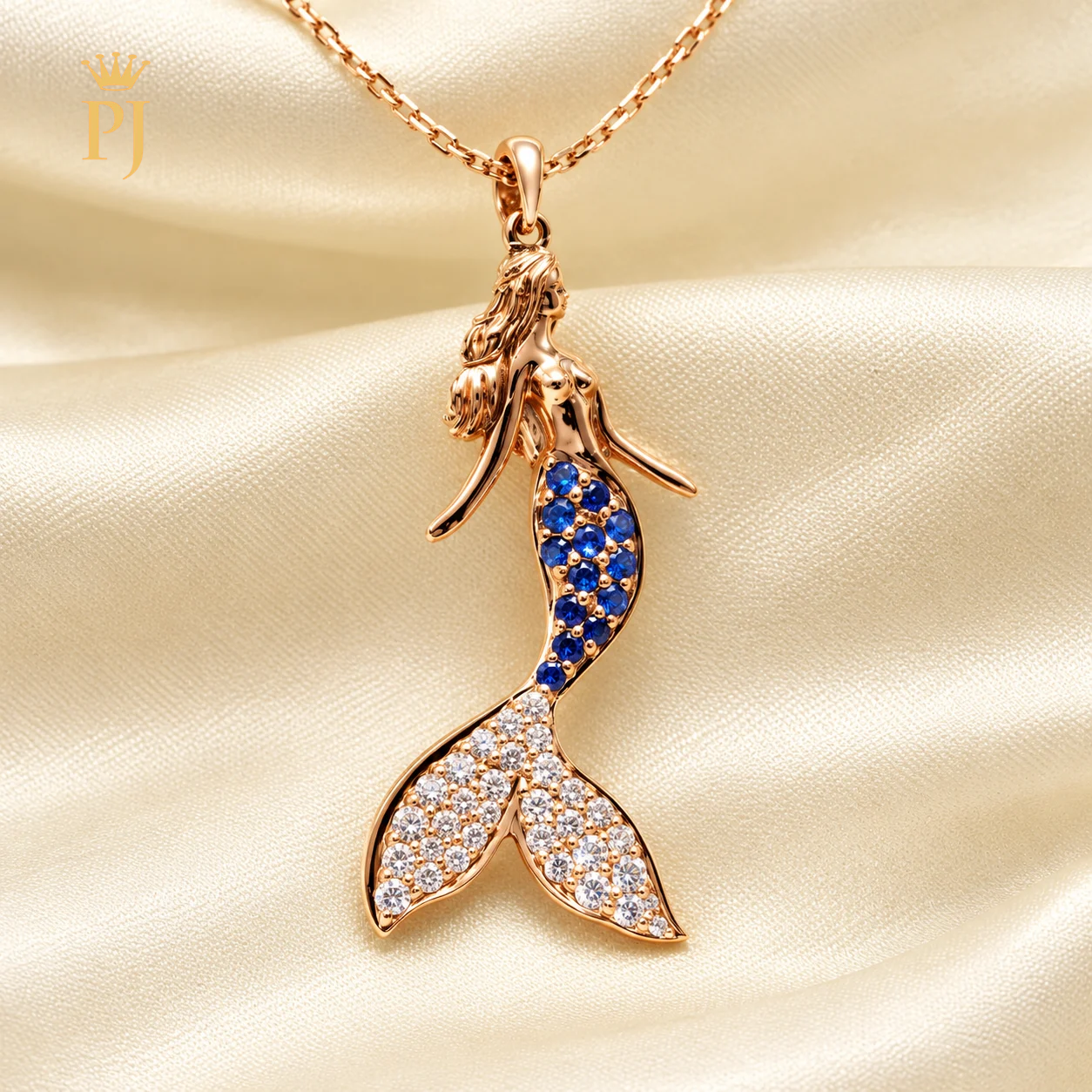 18K Rose Gold Natural Diamond & Blue Sapphire Mermaid Necklace