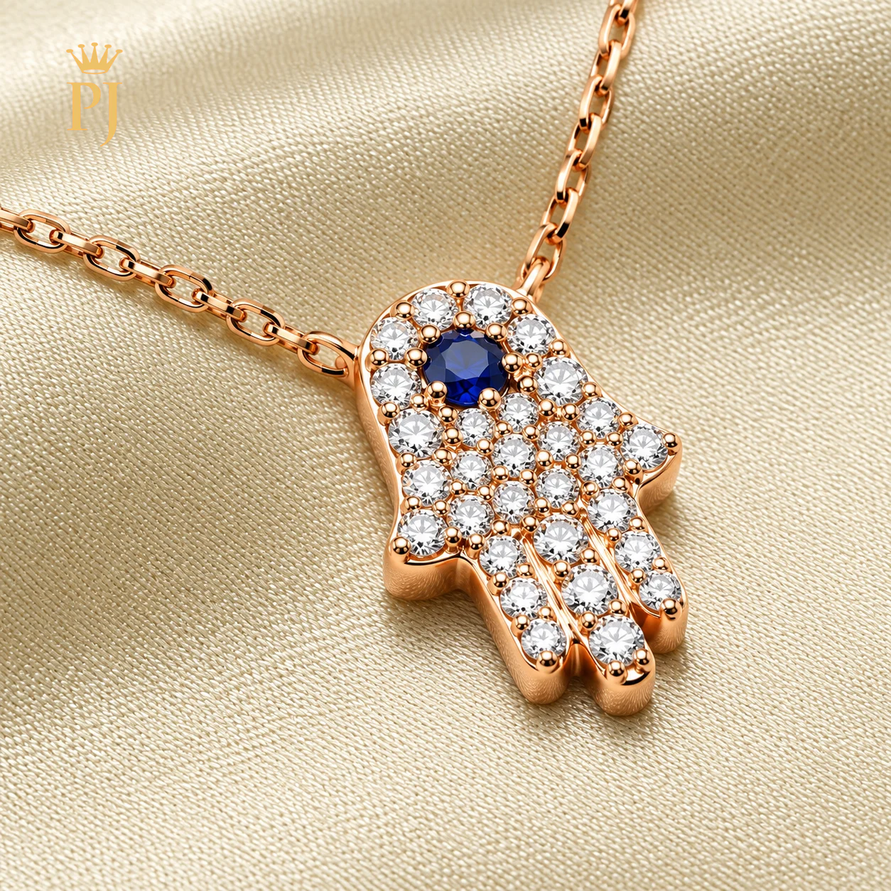 18K Rose Gold Diamond & Blue Sapphire Hamsa Hand Necklace