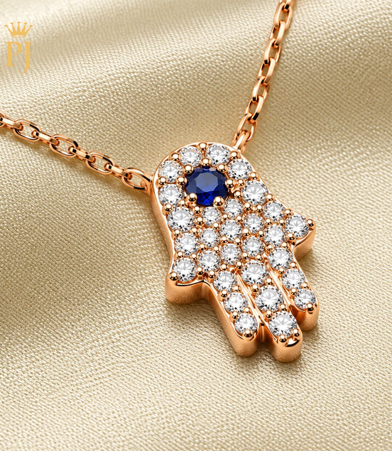 18K Rose Gold Diamond & Blue Sapphire Hamsa Hand Necklace