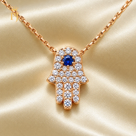 18K Rose Gold Diamond & Blue Sapphire Hamsa Hand Necklace