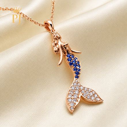 18K Rose Gold Natural Diamond & Blue Sapphire Mermaid Necklace