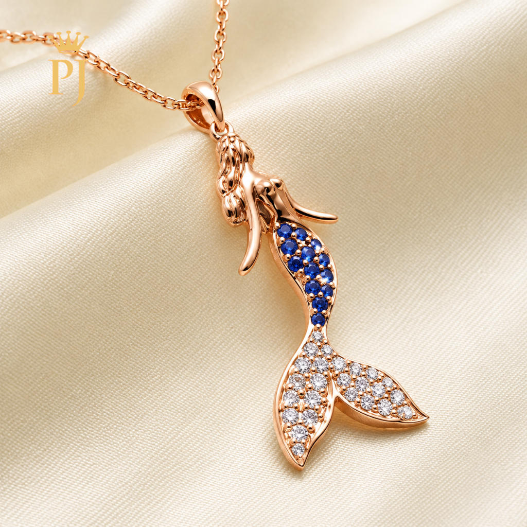 18K Rose Gold Natural Diamond & Blue Sapphire Mermaid Necklace
