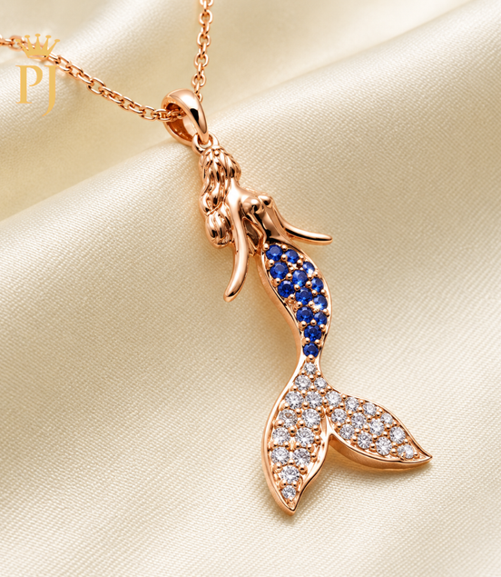 18K Rose Gold Natural Diamond & Blue Sapphire Mermaid Necklace
