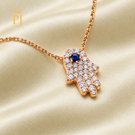 18K Rose Gold Diamond & Blue Sapphire Hamsa Hand Necklace