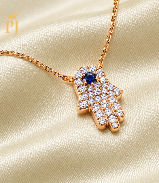 18K Rose Gold Diamond & Blue Sapphire Hamsa Hand Necklace